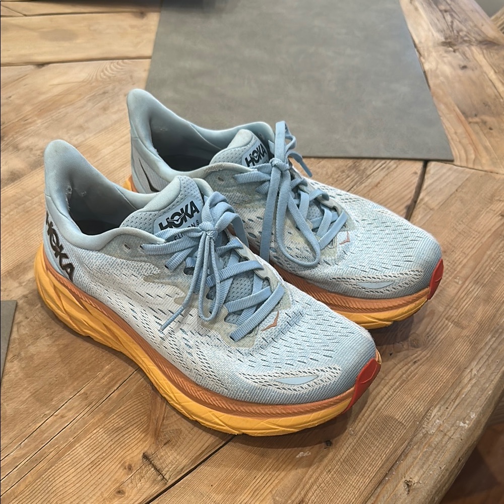 Hoka One Clifton 8 Blue and Orange Athletic Shoes with Cushioned Midsole